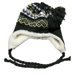 McBurn German Winter Beanie Boys Green Cream Wool Tassals Ear Covers Knit Hat